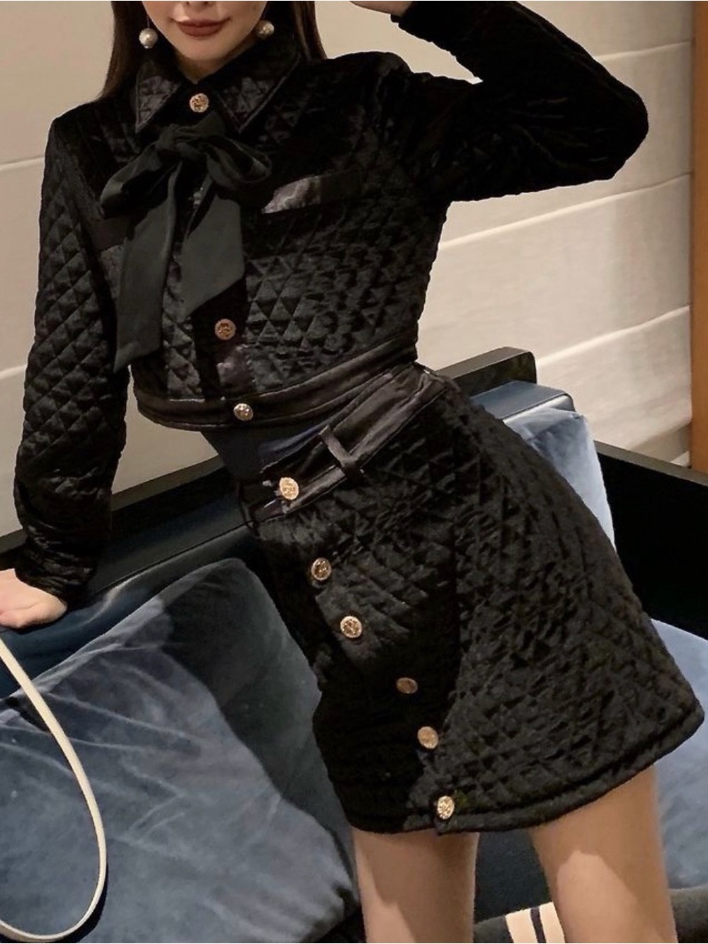 YesStyle Black Quilted Mini Skirt with Gold Buttons